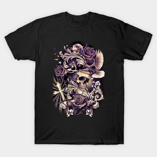 SKULL with Dove Cross Flowers Religious Tattoo Art T-Shirt by bomazu